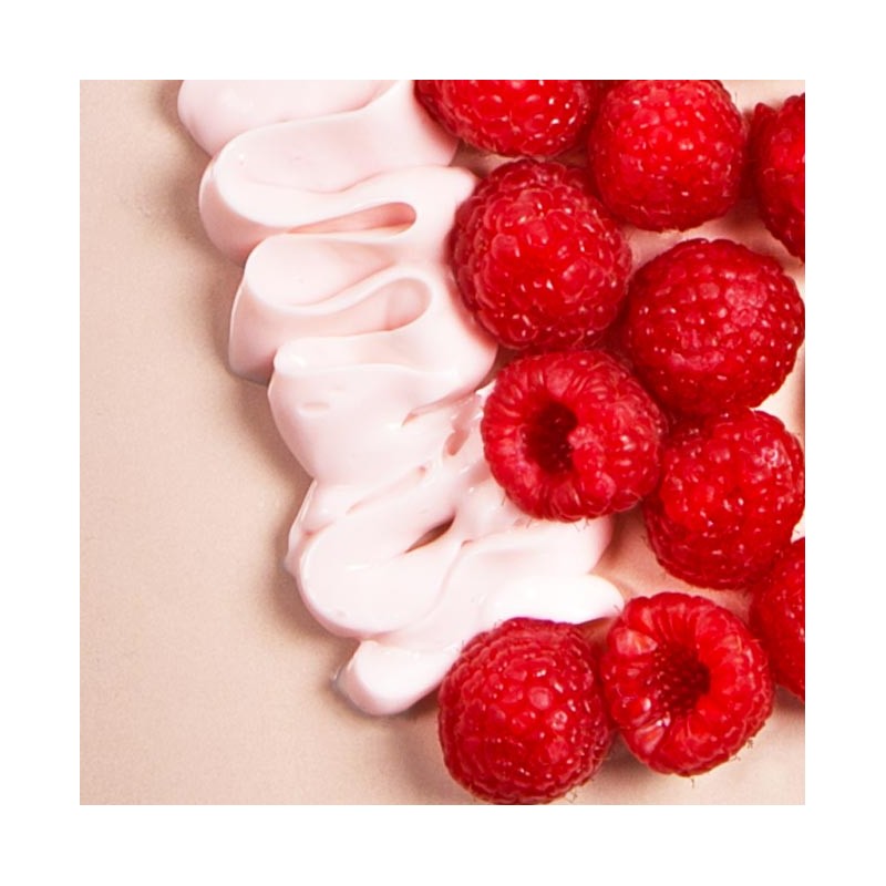 Centifolia 3-in-1 Intense Shine Hair Mask cream on a table with raspberries on top signifying they are a key ingredient