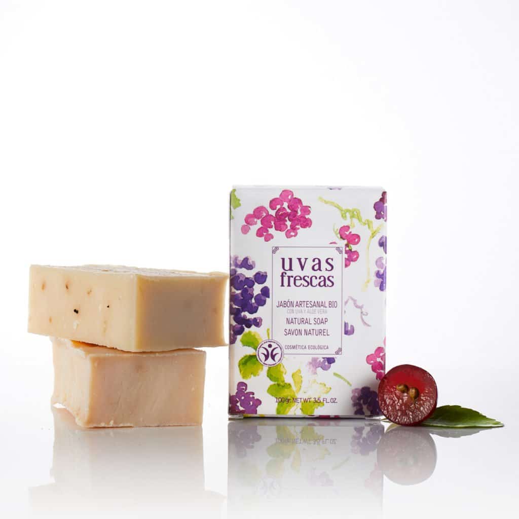 Uvas Frescas Organic Solid Hand Soap (Wholesale) front view showing the products packaging as well as the soap bar