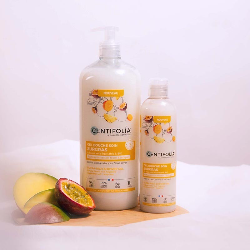 Two sizes of Centifolia Exotic fruit Ultra-Rich Shower Gel Centifolia with grapefruit beside the bottles